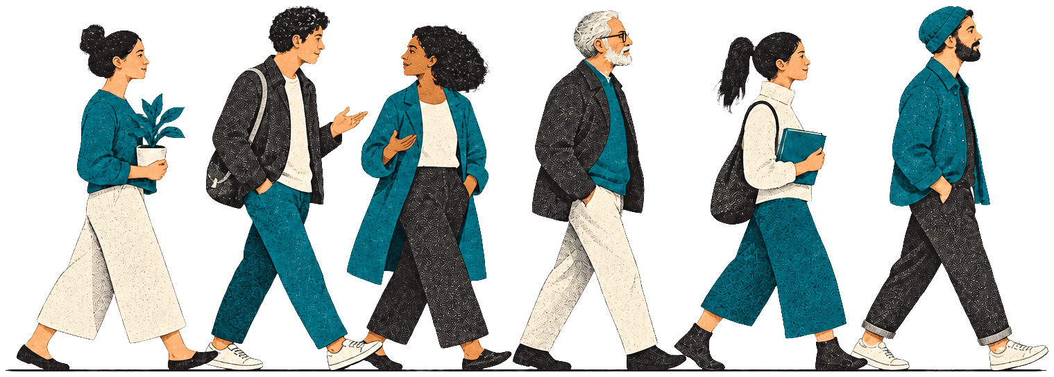 People of different ages walking together along a line, talking, one carrying a book and one a plant.